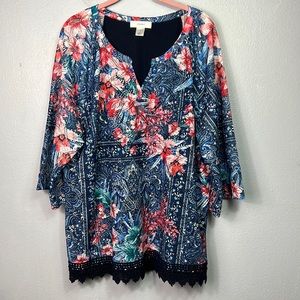CJ Banks Red & Blue Floral 3/4 Sheer Sleeve Lace Hem Lined Tunic Top 1X